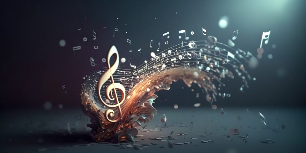 Volumetric musical background with a treble clef and notes, the concept of musical creativity.